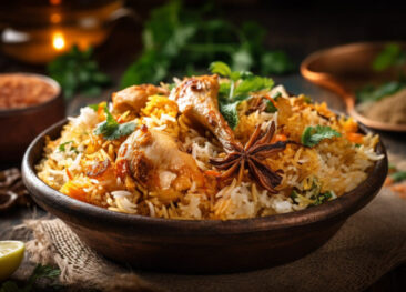 Gourmet chicken biryani with steamed basmati rice generated by AI